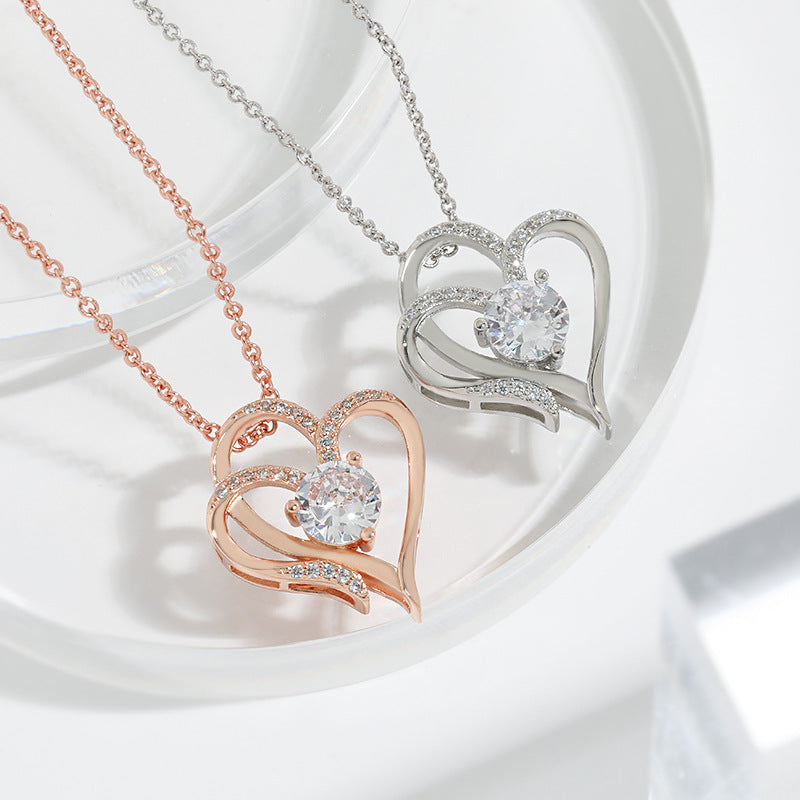 Zircon Double Love Heart-shaped Necklace with Rhinestone