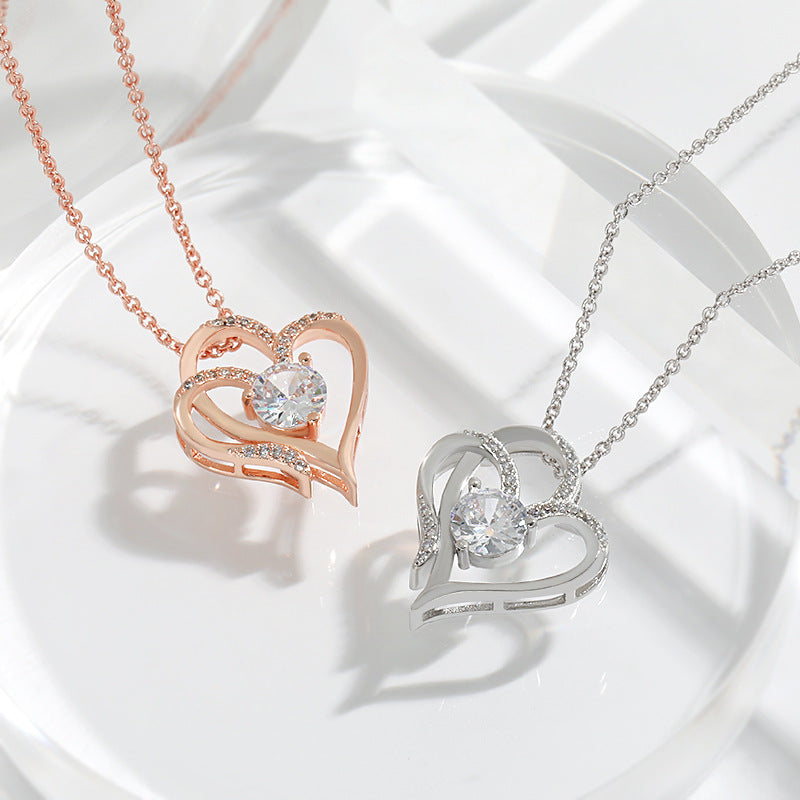 Zircon Double Love Heart-shaped Necklace with Rhinestone