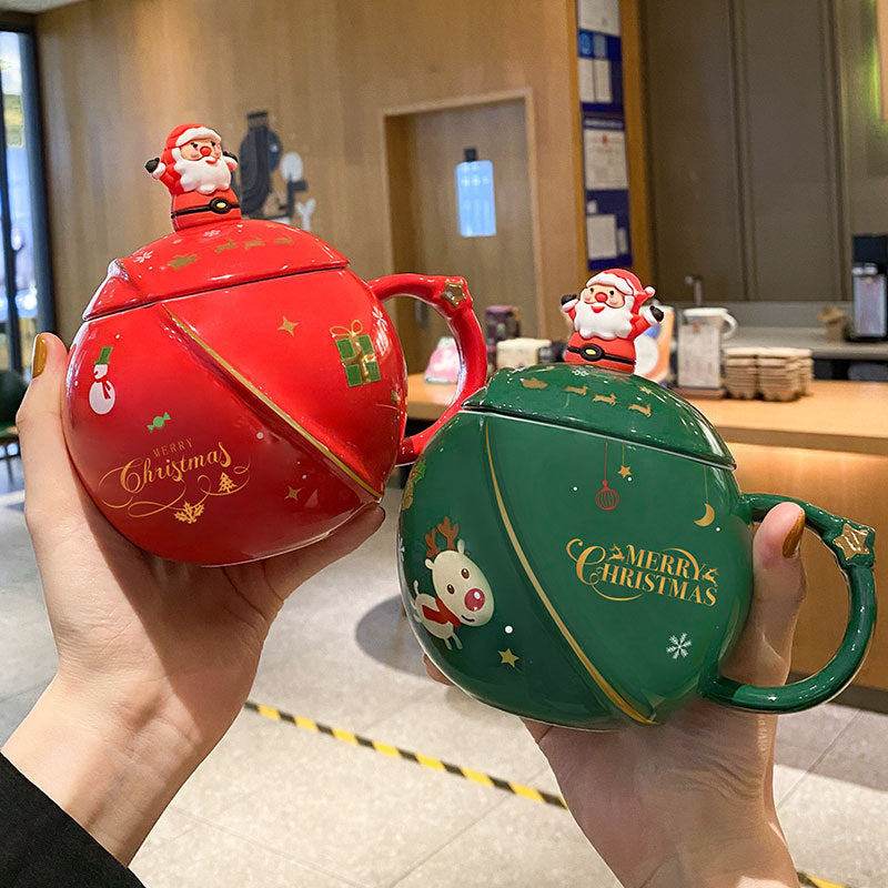 FestiveFlix Christmas Mug Ceramic Cartoon With Lid Spoon Mug Large Capacity