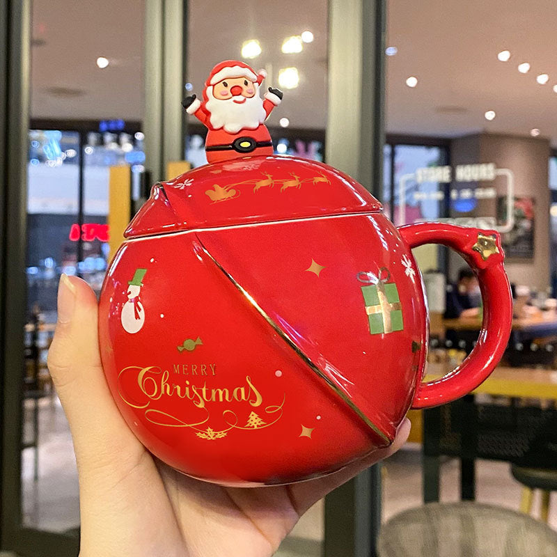 FestiveFlix Christmas Mug Ceramic Cartoon With Lid Spoon Mug Large Capacity