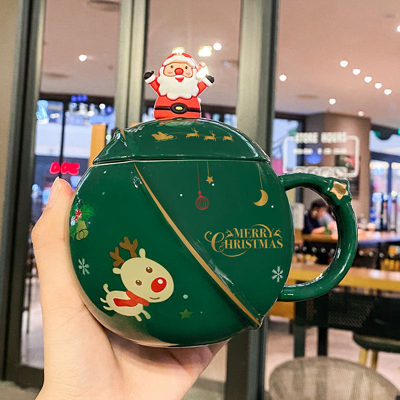 FestiveFlix Christmas Mug Ceramic Cartoon With Lid Spoon Mug Large Capacity