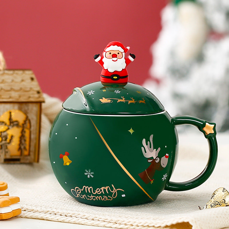 FestiveFlix Christmas Mug Ceramic Cartoon With Lid Spoon Mug Large Capacity