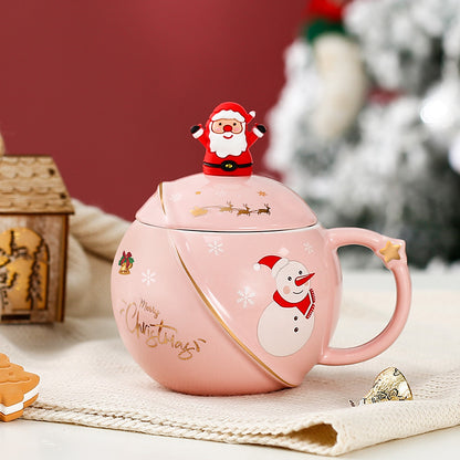 FestiveFlix Christmas Mug Ceramic Cartoon With Lid Spoon Mug Large Capacity