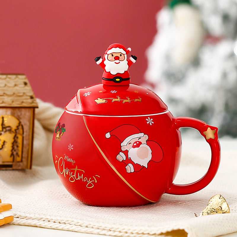 FestiveFlix Christmas Mug Ceramic Cartoon With Lid Spoon Mug Large Capacity