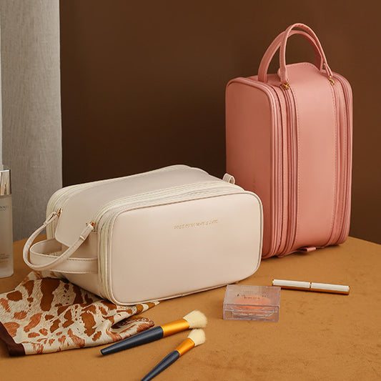 Portable PU Leather Cosmetic Bag, Make Up Bags - High Capacity Three-layer U-shaped Design FINDOPIA