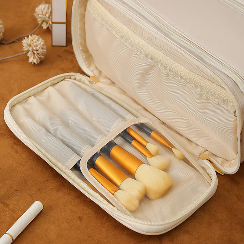 Portable PU Leather Cosmetic Bag, Make Up Bags - High Capacity Three-layer U-shaped Design